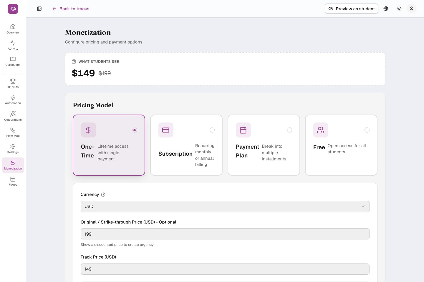 The course monetization tab: pricing model, currency and coupons