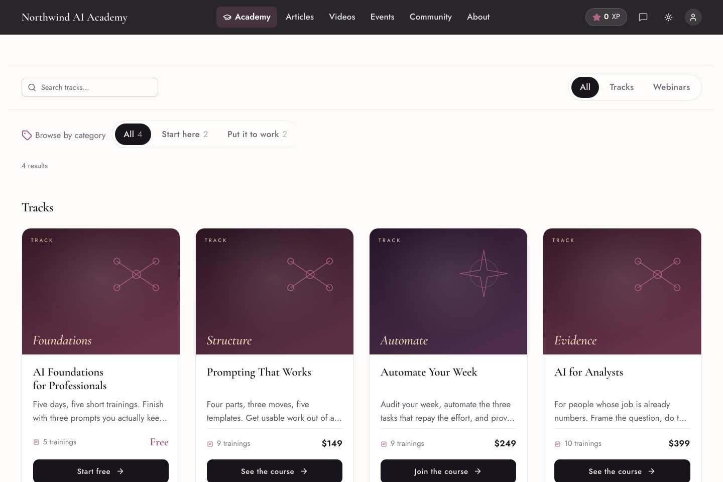 The public academy catalog with priced course cards