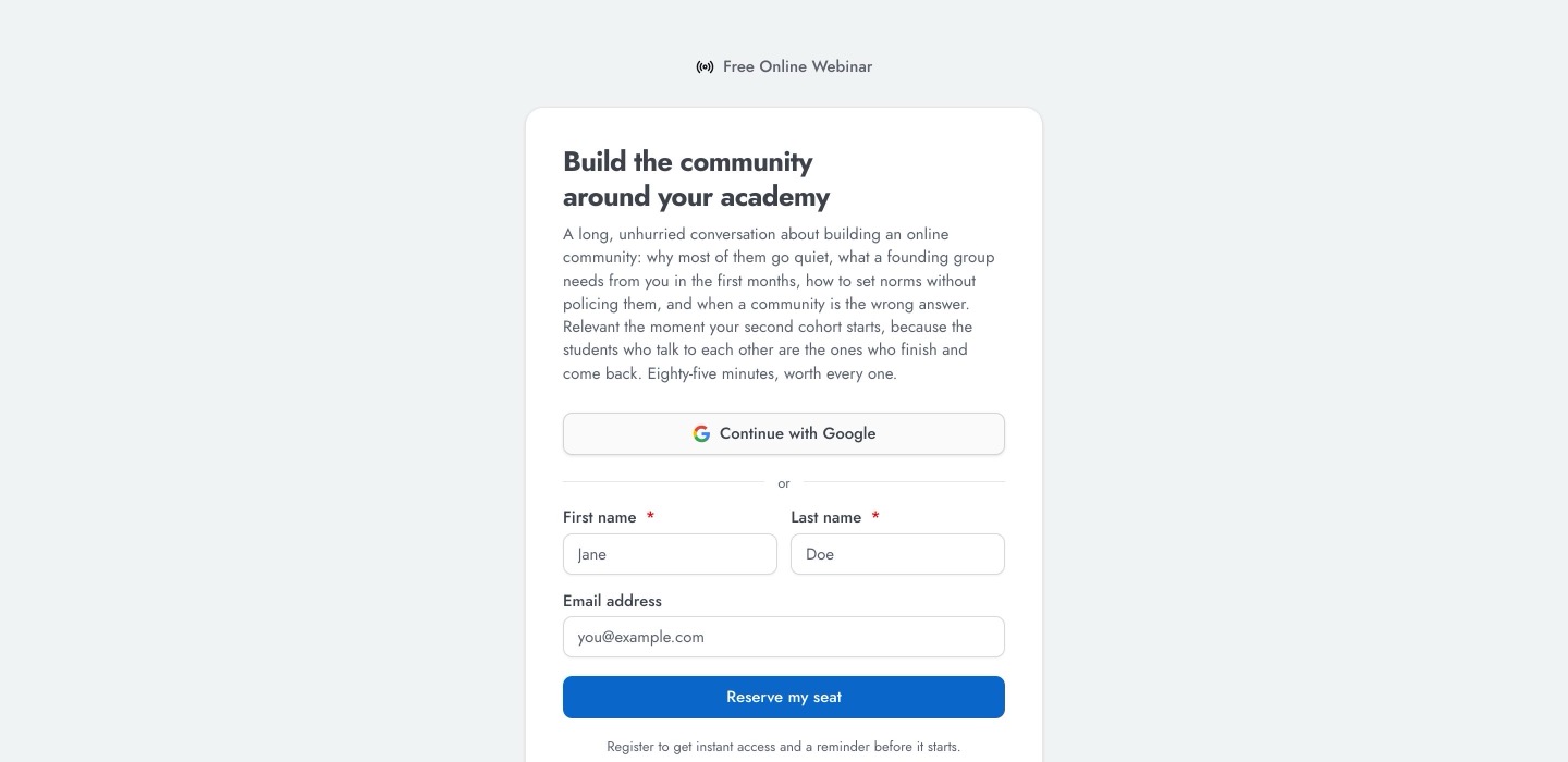 A public webinar registration page